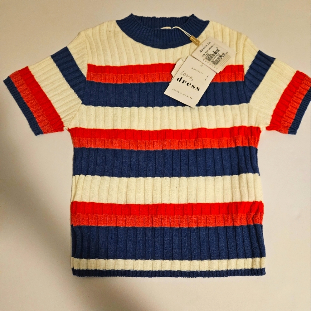 Striped Ribbed Knit Short Sleeve Sweater
